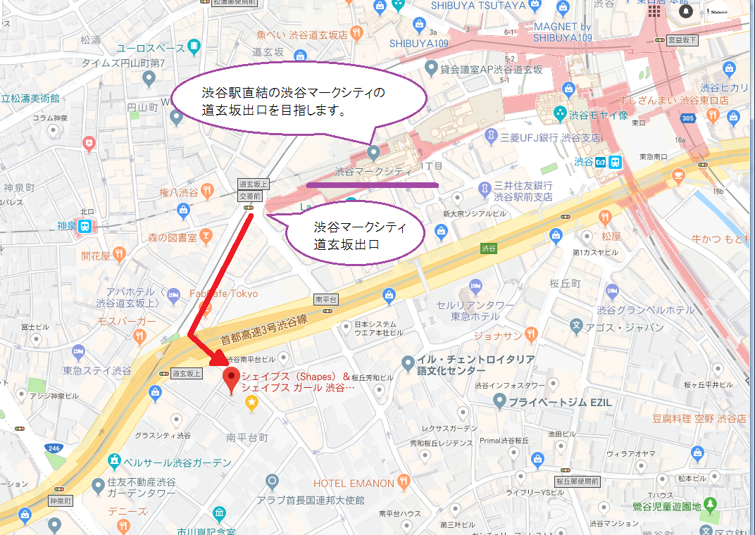 渋谷マークシティ道玄坂口よりシェイプス渋谷本店へ